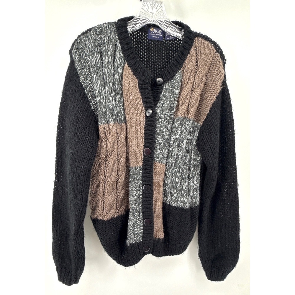 Vintage Mi Ki Majestic Patchwork Cable Knit Cardigan Sweater Black Tan Grey M